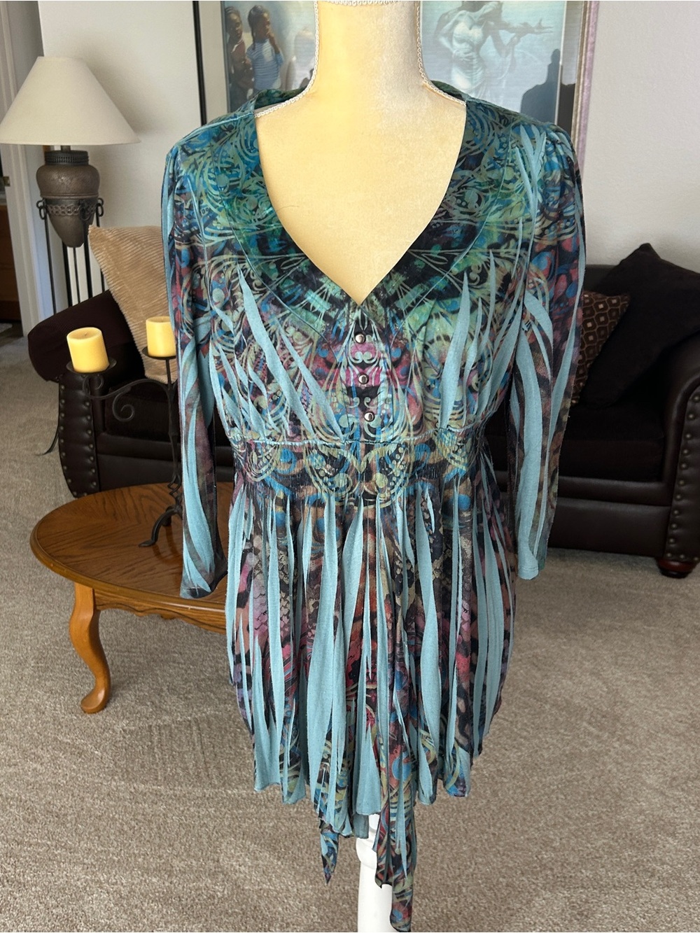 Apt. 9 Teal Multi-Print Asymmetrical V-Neck Tunic - Picture 4 of 8